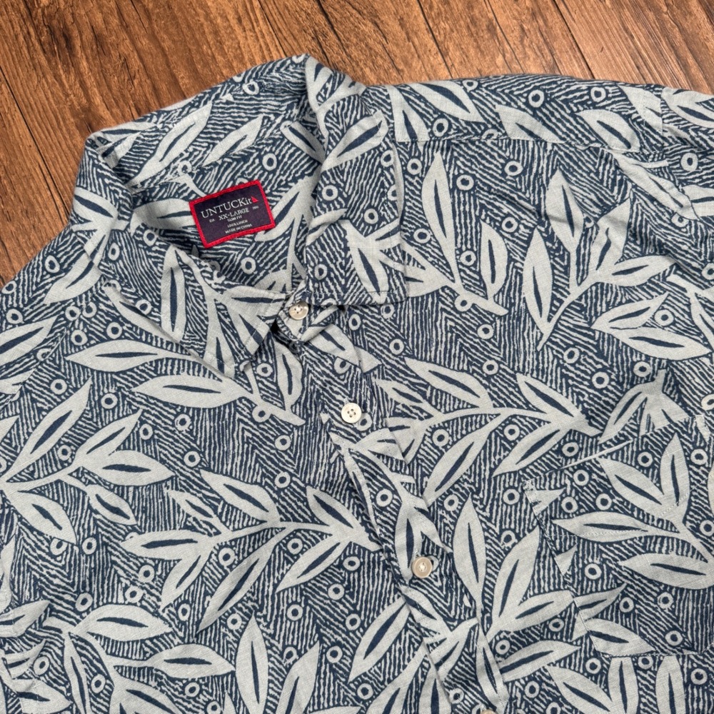 UNTUCKit Brentin 100% Linen Shirt‎ Mens XXL Blue Floral Slim Fit Leaf Dots
